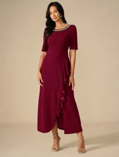 Women's Maxi Dress Ruffle Dress Elegant Regular Fit Solid Color Short Sleeve Crew Neck Wine Summer Spring Fall