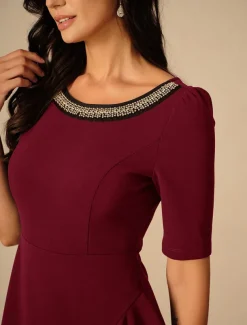 Women's Maxi Dress Ruffle Dress Elegant Regular Fit Solid Color Short Sleeve Crew Neck Wine Summer Spring Fall