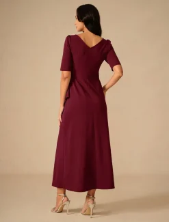 Women's Maxi Dress Ruffle Dress Elegant Regular Fit Solid Color Short Sleeve Crew Neck Wine Summer Spring Fall