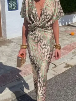 Women's Maxi Dress Semi Formal Dress Wrap Dress Stylish Casual Semi Formal Formal Vacation Party Regular Fit Graphic Short Sleeve V Neck Light Green Summer Spring