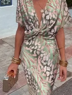 Women's Maxi Dress Semi Formal Dress Wrap Dress Stylish Casual Semi Formal Formal Vacation Party Regular Fit Graphic Short Sleeve V Neck Light Green Summer Spring