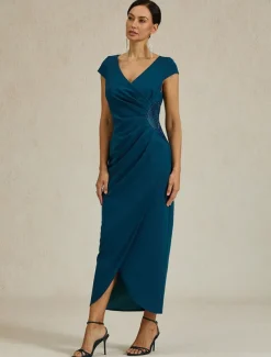 Women's Maxi Dress Sheath Dress Elegant Regular Fit Solid Color Short Sleeve V Neck Ink Blue Summer Spring