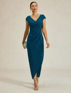 Women's Maxi Dress Sheath Dress Elegant Regular Fit Solid Color Short Sleeve V Neck Ink Blue Summer Spring