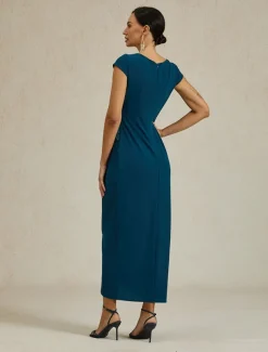 Women's Maxi Dress Sheath Dress Elegant Regular Fit Solid Color Short Sleeve V Neck Ink Blue Summer Spring