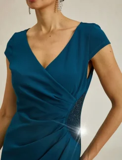 Women's Maxi Dress Sheath Dress Elegant Regular Fit Solid Color Short Sleeve V Neck Ink Blue Summer Spring