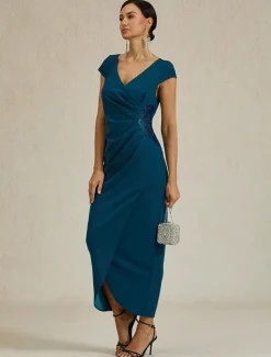 Women's Maxi Dress Sheath Dress Elegant Regular Fit Solid Color Short Sleeve V Neck Ink Blue Summer Spring