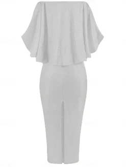 Women's Maxi Dress Sheath Dress Party Cocktail Semi Formal Outdoor Party Wedding Guest Regular Fit Solid Color 3/4 Length Sleeve Off Shoulder Silver Black Champagne Pink Summer