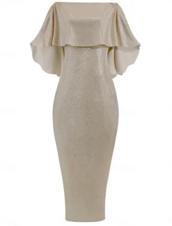 Women's Maxi Dress Sheath Dress Party Cocktail Semi Formal Outdoor Party Wedding Guest Regular Fit Solid Color 3/4 Length Sleeve Off Shoulder Silver Black Champagne Pink Summer