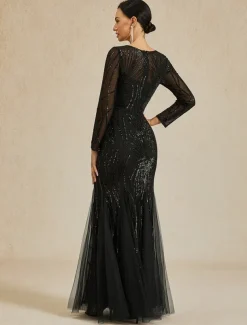 Women's Maxi Dress Sheath Dress Elegant Evening Party Regular Fit Solid Color Long Sleeve Crew Neck Black Fall Winter