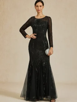 Women's Maxi Dress Sheath Dress Elegant Evening Party Regular Fit Solid Color Long Sleeve Crew Neck Black Fall Winter
