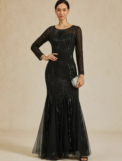 Women's Maxi Dress Sheath Dress Elegant Evening Party Regular Fit Solid Color Long Sleeve Crew Neck Black Fall Winter
