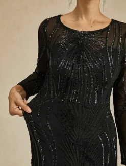 Women's Maxi Dress Sheath Dress Elegant Evening Party Regular Fit Solid Color Long Sleeve Crew Neck Black Fall Winter