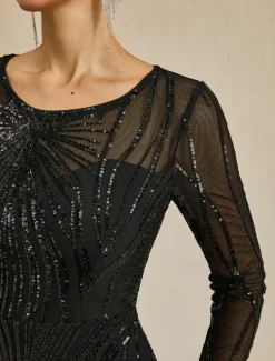 Women's Maxi Dress Sheath Dress Elegant Evening Party Regular Fit Solid Color Long Sleeve Crew Neck Black Fall Winter