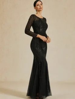 Women's Maxi Dress Sheath Dress Elegant Evening Party Regular Fit Solid Color Long Sleeve Crew Neck Black Fall Winter