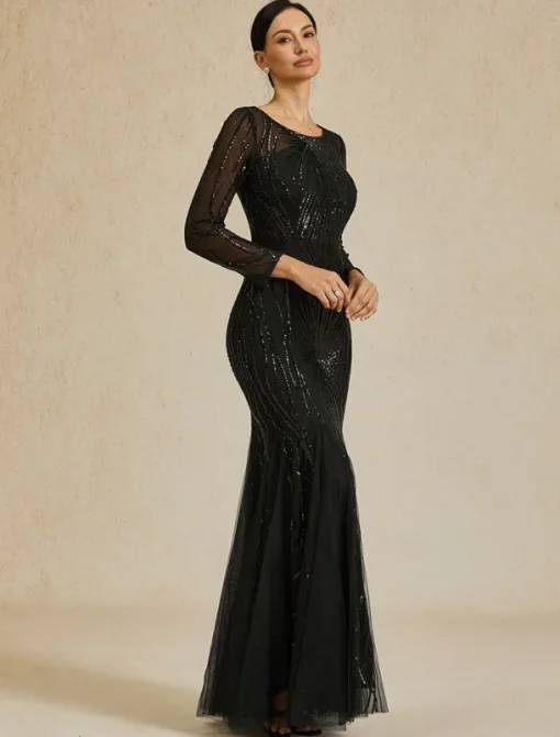 Women's Maxi Dress Sheath Dress Elegant Evening Party Regular Fit Solid Color Long Sleeve Crew Neck Black Fall Winter