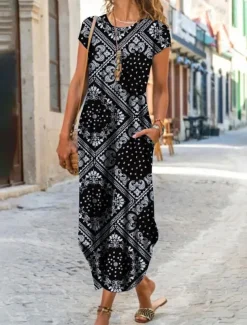 Women's Maxi Dress Shift Dress Geometric Color Block Pocket Split Crew Neck Vintage Daily Date Short Sleeve Summer Spring