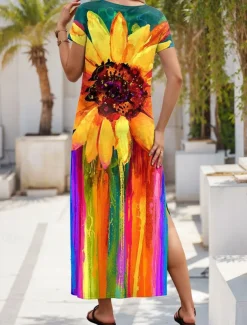 Women's Maxi Dress Sundress A Line Dress Summer Dress Vacation Casual Daily Regular Fit Ombre Floral Graphic Short Sleeve V Neck Green Summer