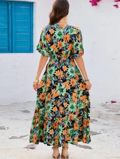 Women's Maxi Dress Sundress A Line Dress Vacation Casual Boho Party Going out Beach Standard Fit Floral Graphic Short Sleeve V Neck color Summer Spring