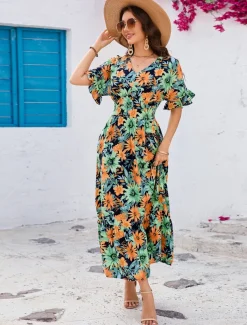 Women's Maxi Dress Sundress A Line Dress Vacation Casual Boho Party Going out Beach Standard Fit Floral Graphic Short Sleeve V Neck color Summer Spring