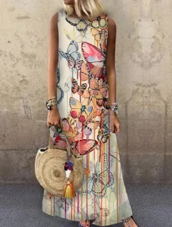 Women's Maxi Dress Sundress A Line Dress Summer Dress Casual Vacation Party Casual Loose Fit Animal Print Sleeveless Crew Neck Light Yellow Light Blue Yellow Red Summer Spring