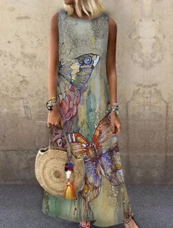 Women's Maxi Dress Sundress A Line Dress Summer Dress Casual Vacation Party Casual Loose Fit Animal Print Sleeveless Crew Neck Light Yellow Light Blue Yellow Red Summer Spring