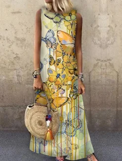 Women's Maxi Dress Sundress A Line Dress Summer Dress Casual Vacation Party Casual Loose Fit Animal Print Sleeveless Crew Neck Light Yellow Light Blue Yellow Red Summer Spring