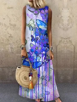 Women's Maxi Dress Sundress A Line Dress Summer Dress Casual Vacation Party Casual Loose Fit Animal Print Sleeveless Crew Neck Light Yellow Light Blue Yellow Red Summer Spring