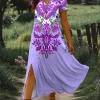 Women's Maxi Dress Sundress A Line Dress Vacation Casual Beach Regular Fit Graphic Tribal Short Sleeve V Neck Pink Blue Purple Green Summer Spring