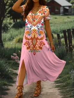 Women's Maxi Dress Sundress A Line Dress Vacation Casual Beach Regular Fit Graphic Tribal Short Sleeve V Neck Pink Blue Purple Green Summer Spring