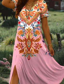 Women's Maxi Dress Sundress A Line Dress Vacation Casual Beach Regular Fit Graphic Tribal Short Sleeve V Neck Pink Blue Purple Green Summer Spring