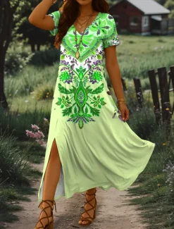 Women's Maxi Dress Sundress A Line Dress Vacation Casual Beach Regular Fit Graphic Tribal Short Sleeve V Neck Pink Blue Purple Green Summer Spring