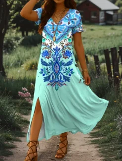 Women's Maxi Dress Sundress A Line Dress Vacation Casual Beach Regular Fit Graphic Tribal Short Sleeve V Neck Pink Blue Purple Green Summer Spring