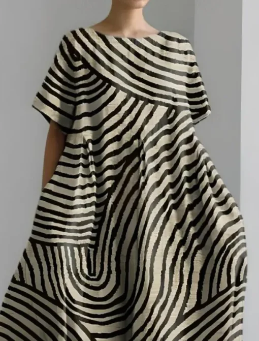 Women's Maxi Dress Sundress A Line Dress Summer Dress Vacation Casual Beach Daily Holiday Going out Loose Fit Graphic Geometric Linen Like Short Sleeve Crew Neck Boat Neck Dark Brown Light Brown