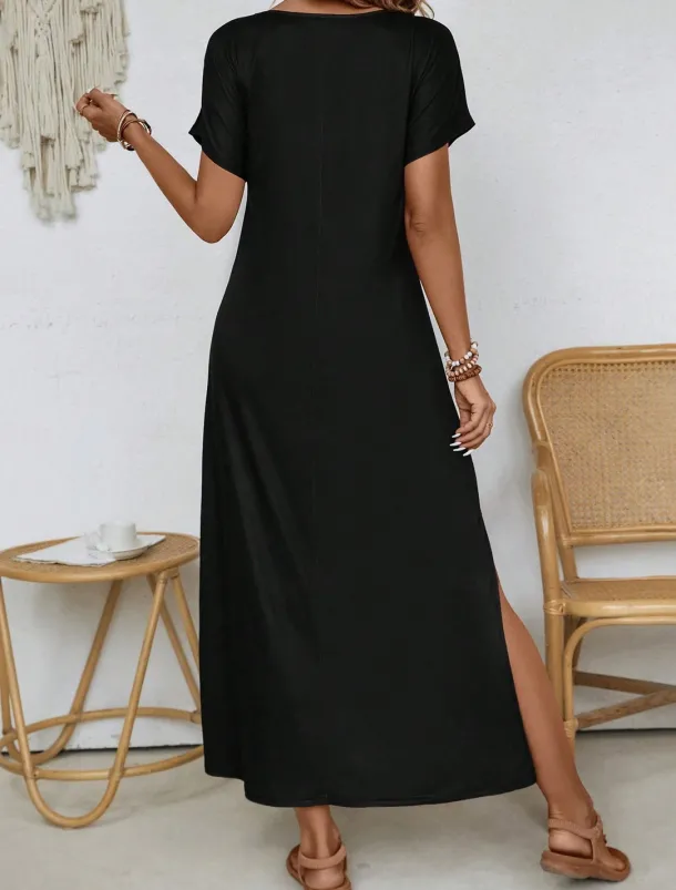 Women's Maxi Dress Sundress Shift Dress A Line Dress Ethnic Casual Drop Shoulder Daily Loose Fit Graphic Short Sleeve V Neck Black Summer