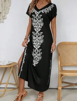 Women's Maxi Dress Sundress Shift Dress A Line Dress Ethnic Casual Drop Shoulder Daily Loose Fit Graphic Short Sleeve V Neck Black Summer