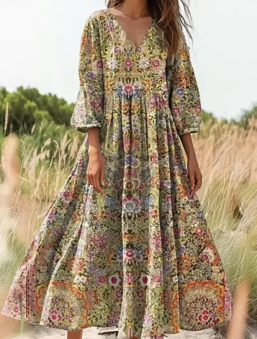 Women's Maxi Dress Sundress A Line Dress Pleated Dress Vacation Casual Boho Daily Holiday Going out Loose Fit Floral Graphic 3/4 Length Sleeve V Neck Yellow Purple Orange