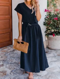 Women's Maxi Dress Swing Dress Elegant Dress Elegant Stylish Casual Vacation Daily Loose Fit Plain Short Sleeve V Neck Black Pink Navy Blue Summer