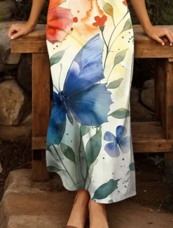 Women's Maxi Dress T Shirt Dress Tee Dress Shift Dress Vacation Casual Boho Outdoor Going out Regular Fit Ombre Animal Tribal Half Sleeve V Neck Yellow Summer Spring