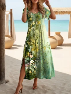 Women's Maxi Dress T Shirt Dress Tee Dress Sundress Shift Dress Summer Dress Bohemia Party Holiday Beach Regular Fit Ombre Floral Vintage Short Sleeve Crew Neck Light Green Summer Spring