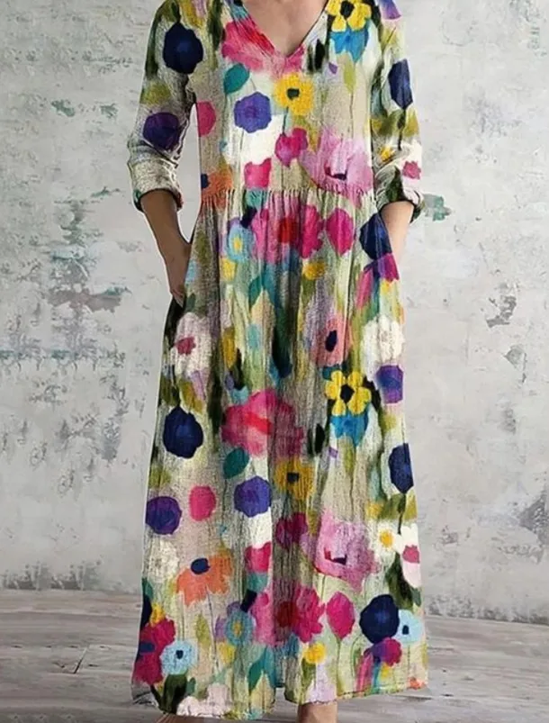 Women's Maxi Dress Vintage Dress Linen Dress Sundress Floral Dress Bohemia Vacation Ethnic Holiday Loose Fit Floral Graphic 3/4 Length Sleeve V Neck Purple Green Beige Summer Spring