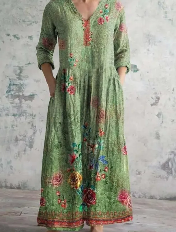 Women's Maxi Dress Vintage Dress Linen Dress Sundress Floral Dress Bohemia Vacation Ethnic Holiday Loose Fit Floral Graphic 3/4 Length Sleeve V Neck Purple Green Beige Summer Spring