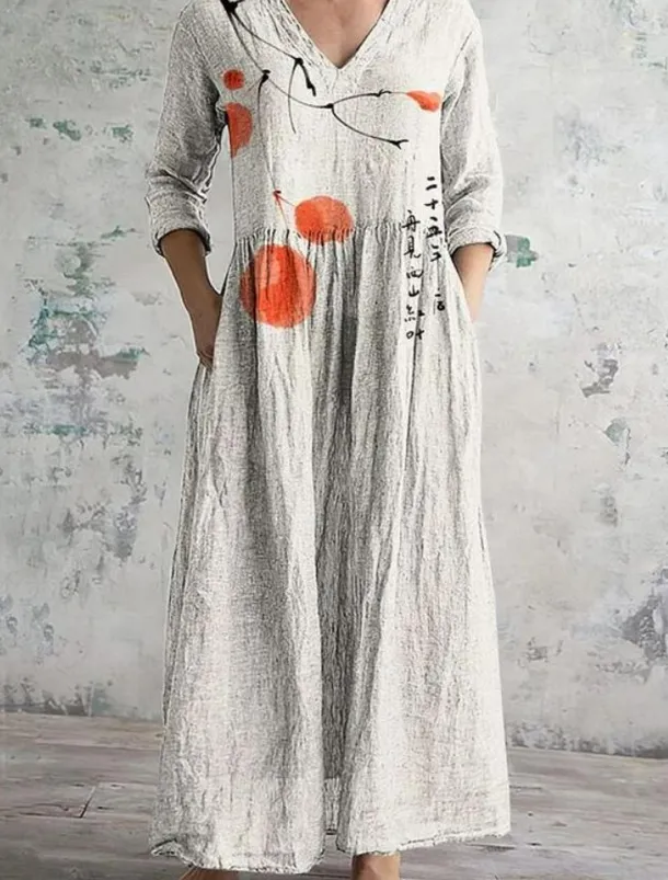 Women's Maxi Dress Vintage Dress Linen Dress Sundress Floral Dress Bohemia Vacation Ethnic Holiday Loose Fit Floral Graphic 3/4 Length Sleeve V Neck Purple Green Beige Summer Spring