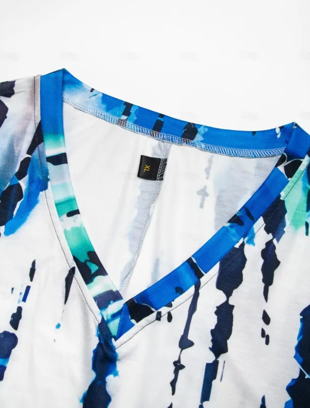 Women's Maxi Dress V-Neck Tie-Dye Print Blue Green White Side Slit Casual Beach Summer Flowy Comfortable Versatile Short Sleeve Sizes Available Fashion