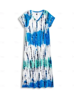 Women's Maxi Dress V-Neck Tie-Dye Print Blue Green White Side Slit Casual Beach Summer Flowy Comfortable Versatile Short Sleeve Sizes Available Fashion