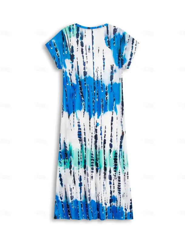 Women's Maxi Dress V-Neck Tie-Dye Print Blue Green White Side Slit Casual Beach Summer Flowy Comfortable Versatile Short Sleeve Sizes Available Fashion