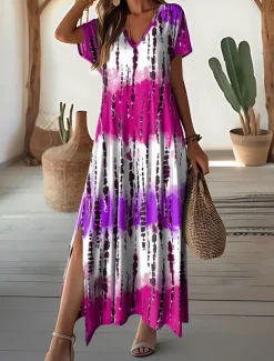 Women's Maxi Dress V-Neck Tie-Dye Print Blue Green White Side Slit Casual Beach Summer Flowy Comfortable Versatile Short Sleeve Sizes Available Fashion