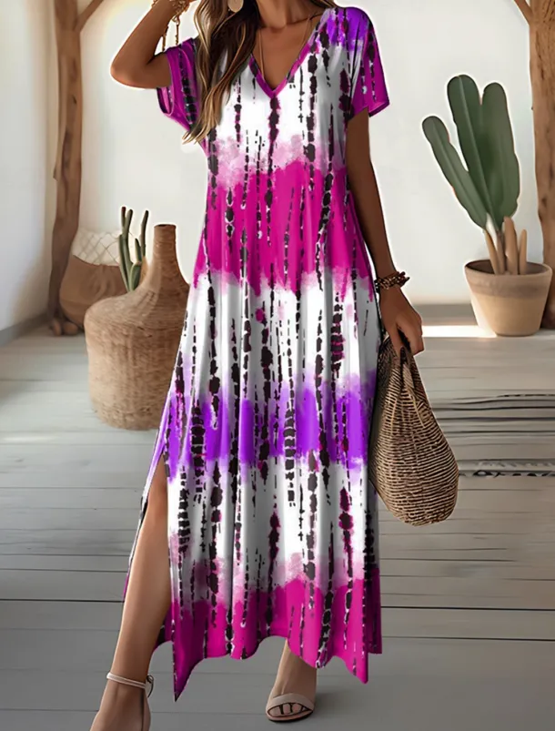 Women's Maxi Dress V-Neck Tie-Dye Print Blue Green White Side Slit Casual Beach Summer Flowy Comfortable Versatile Short Sleeve Sizes Available Fashion