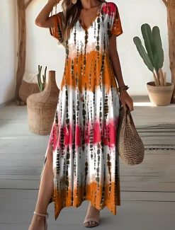 Women's Maxi Dress V-Neck Tie-Dye Print Blue Green White Side Slit Casual Beach Summer Flowy Comfortable Versatile Short Sleeve Sizes Available Fashion