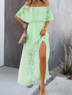 Women's Maxi Dress White Dress A Line Dress Elegant Ruffle Sleeve Wedding Guest Cocktail Party Loose Fit Solid Color Plain Short Sleeve Off Shoulder White Apricot Summer