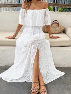Women's Maxi Dress White Dress A Line Dress Elegant Ruffle Sleeve Wedding Guest Cocktail Party Loose Fit Solid Color Plain Short Sleeve Off Shoulder White Apricot Summer